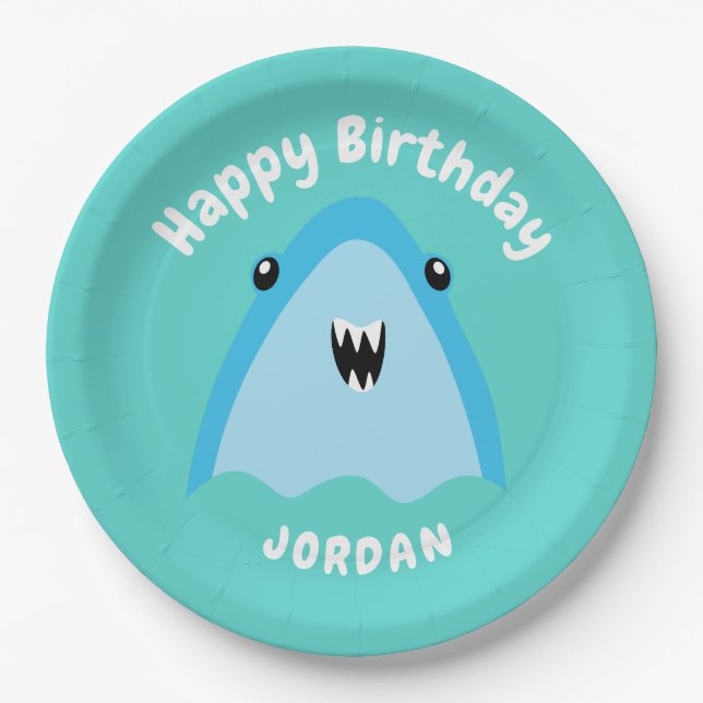 Plato De Papel Hijos De La Fiesta De Cumpleaños Del Tiburón En El (Anverso)