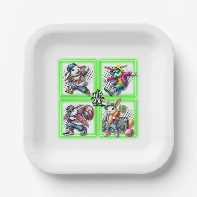 Plato De Papel Hip Hop Easter Bunny Buddies, Neon Green | (Anverso)