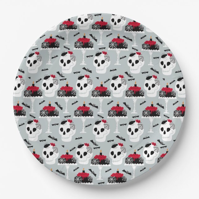 Plato De Papel Hip Spooky Crawy spiders Skull Cakes Halloween (Anverso)