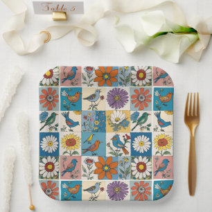 Plato De Papel Hippie Folk Arte Floral Patchwork with Birds