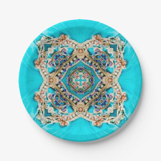 Plato De Papel Hippie gitano Étnico turquesa aqua azul bohemio (Anverso)