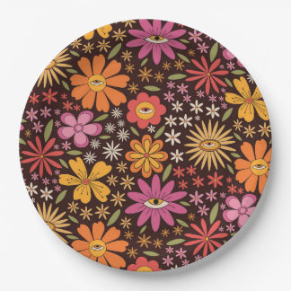 Plato De Papel Hippie Psicodélico Años 70 Groovy Patrón de Flores