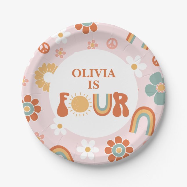 Plato De Papel Hippie Rainbow Groovy cuarto cumpleaños (Anverso)