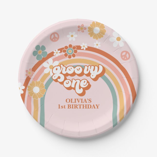 Plato De Papel Hippie Rainbow Groovy Un primer cumpleaños (Anverso)