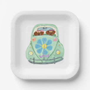 Plato De Papel Hippies Dachshund en su coche de flores de amor