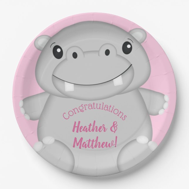 Plato De Papel Hippo Baby Shower Pink (Anverso)