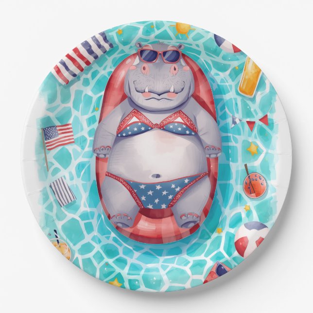 Plato De Papel Hippo Bikini in Pool Party  (Anverso)
