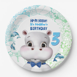 Plato De Papel Hippo Blue Fish Boy Cumpleaños