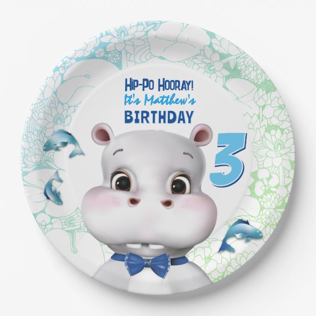 Plato De Papel Hippo Blue Fish Boy Cumpleaños (Anverso)