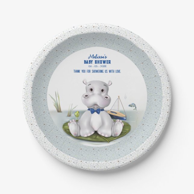 Plato De Papel Hippo Boy Baby Shower (Anverso)