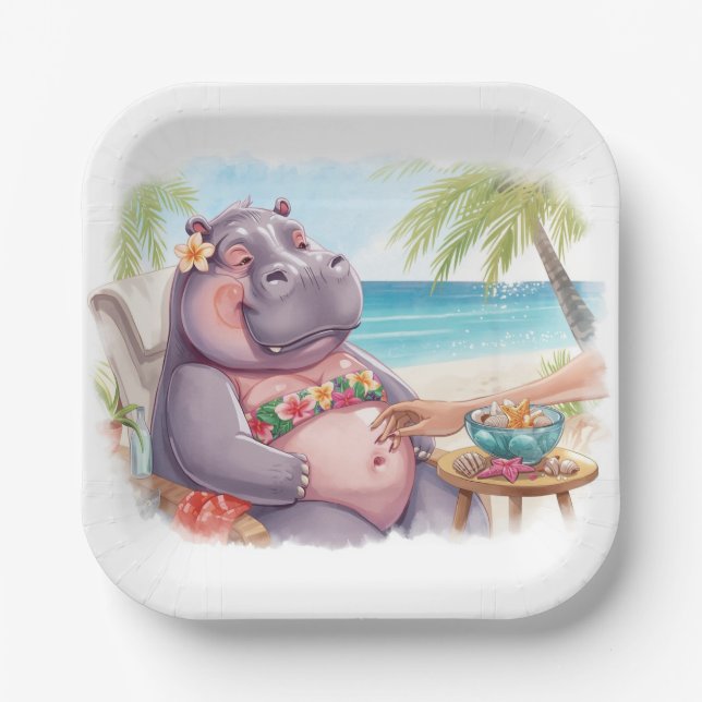 Plato De Papel Hippo in bikini relax by the beach  (Anverso)