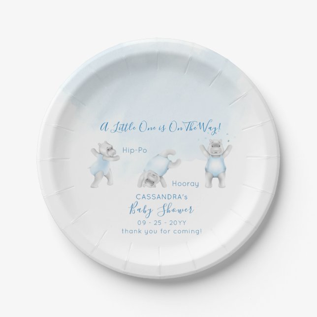 Plato De Papel Hippo Somersault Baby Boy Shower (Anverso)