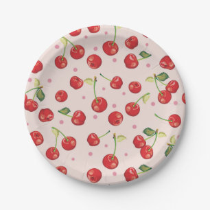 Plato De Papel Hipster, retro, cereza, patrón, rojo, rosa, páli