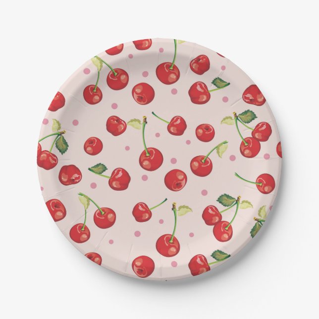 Plato De Papel Hipster, retro, cereza, patrón, rojo, rosa, pálido (Anverso)