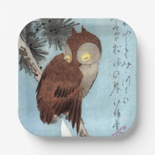 Plato De Papel Hiroshige - Lechuza de Cuerno, Pino y Luna de Crec