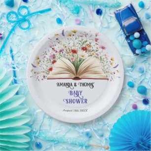 Plato De Papel Historia de flor silvestre Libro Azul Baby Shower 