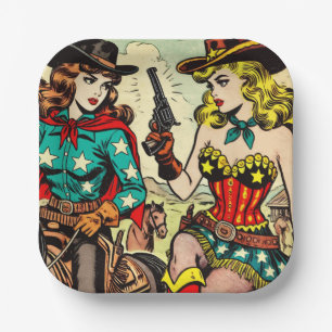 Plato De Papel Historietas de Vintage Western Cowgirl