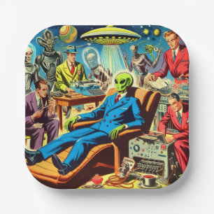 Plato De Papel Historietas Retro De Ufo Alien Sci-fi