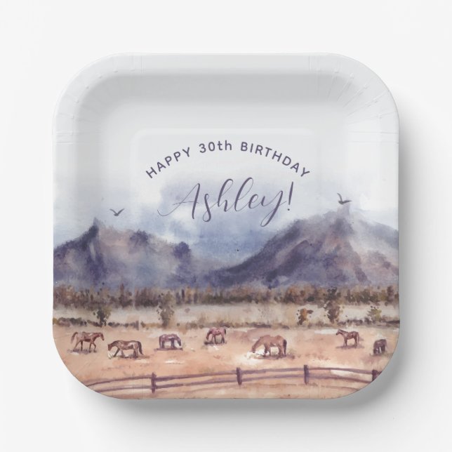 Plato De Papel Hitos en el paisaje de caballos Cumpleaños (Anverso)