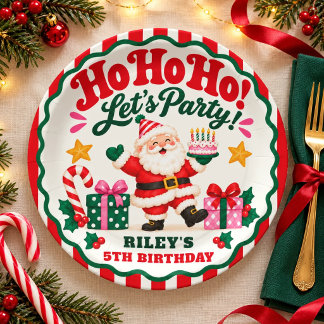 Plato De Papel Ho Ho Ho Santa Navidad Cumpleaños Rayas Rojas