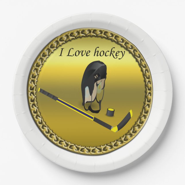 Plato De Papel Hockey I Love diseño personalizado con palo y casc (Anverso)