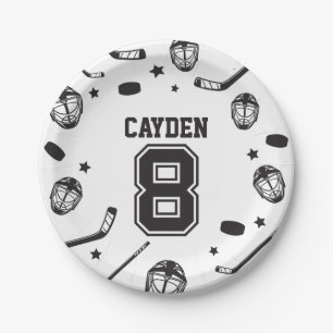 Plato De Papel Hockey negro y blanco 8 cumpleaños