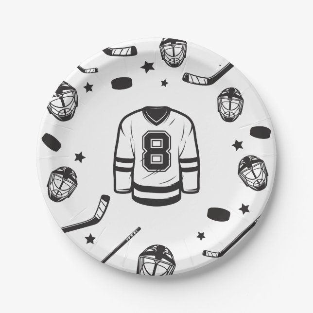 Plato De Papel Hockey negro y blanco 8 cumpleaños (Anverso)