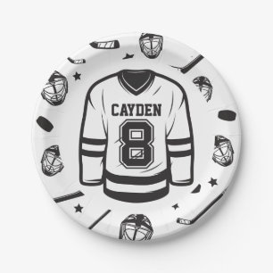 Plato De Papel Hockey negro y blanco 8 cumpleaños