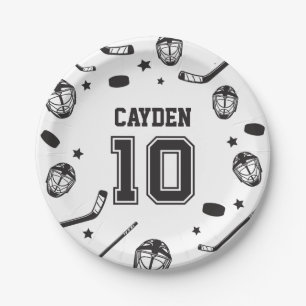 Plato De Papel Hockey negro y blanco cumpleaños 10