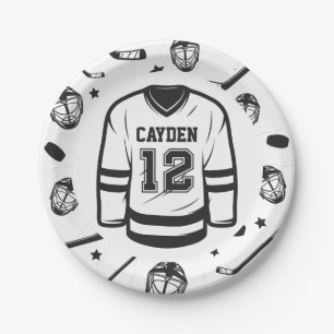 Plato De Papel Hockey negro y blanco cumpleaños 12