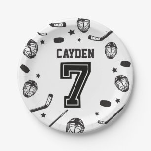 Plato De Papel Hockey negro y blanco cumpleaños 7