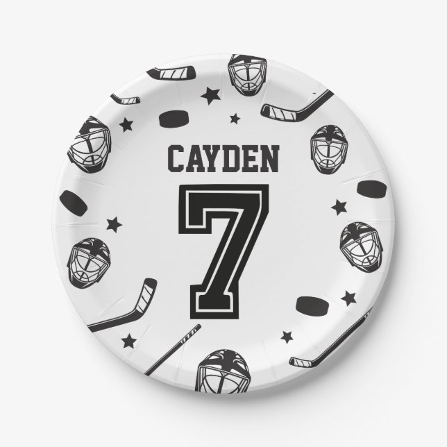 Plato De Papel Hockey negro y blanco cumpleaños 7 (Anverso)