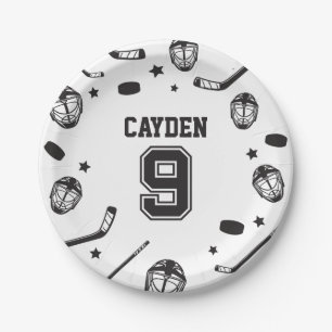 Plato De Papel Hockey negro y blanco cumpleaños 9