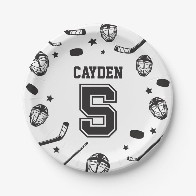 Plato De Papel Hockey negro y blanco quinto cumpleaños (Anverso)