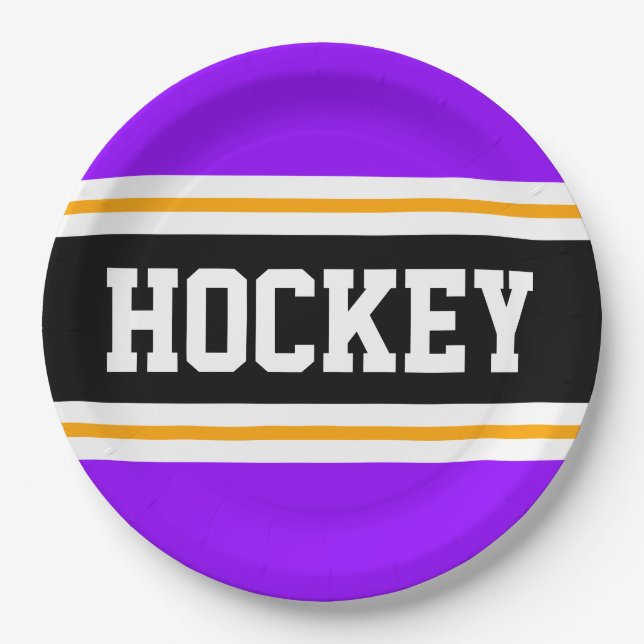 Plato De Papel HOCKEY Rayas de Carreras amarillo morado brillante (Anverso)