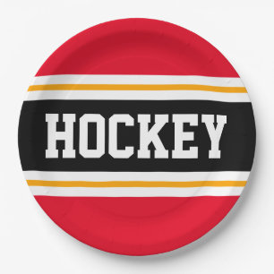 Plato De Papel HOCKEY Rojo Brillante Negro Naranja Rayas de Carre