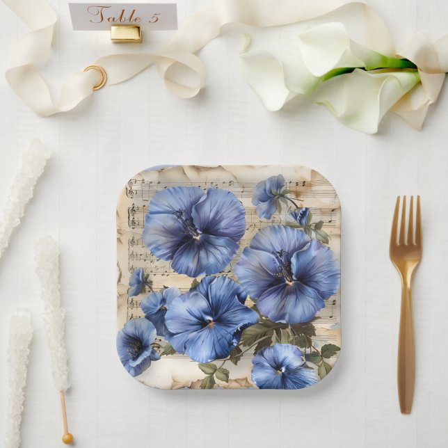 Plato De Papel Hoja de Música de Pansies Azules (Boda)