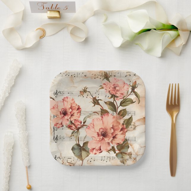 Plato De Papel Hoja de Música de Peach Poppies (Boda)