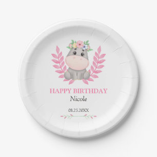 Plato De Papel Hoja Rosa Cute Hippo Floral Feliz Cumpleaños