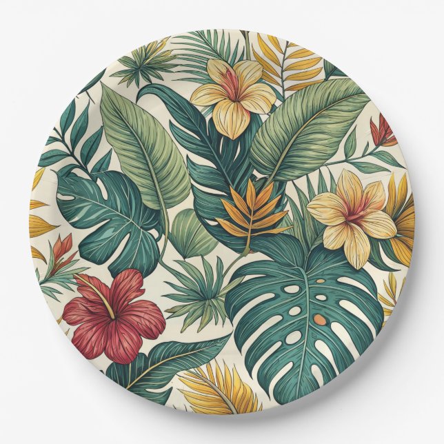 Plato De Papel Hoja Tropical de Monstera con Hibisco  (Anverso)
