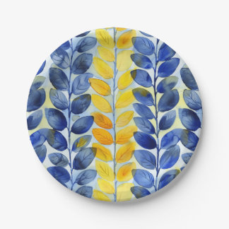 Plato De Papel Hojas amarillas y azules