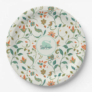 Plato De Papel Hojas azul-verde vintage y patrón floral Naranja