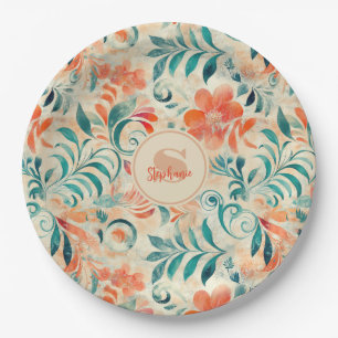 Plato De Papel Hojas azules rusas y patrón floral Naranja rojo