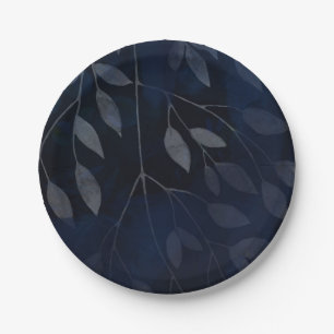 Plato De Papel Hojas Botánicas Azul Oscuro Boda Chic Moderna