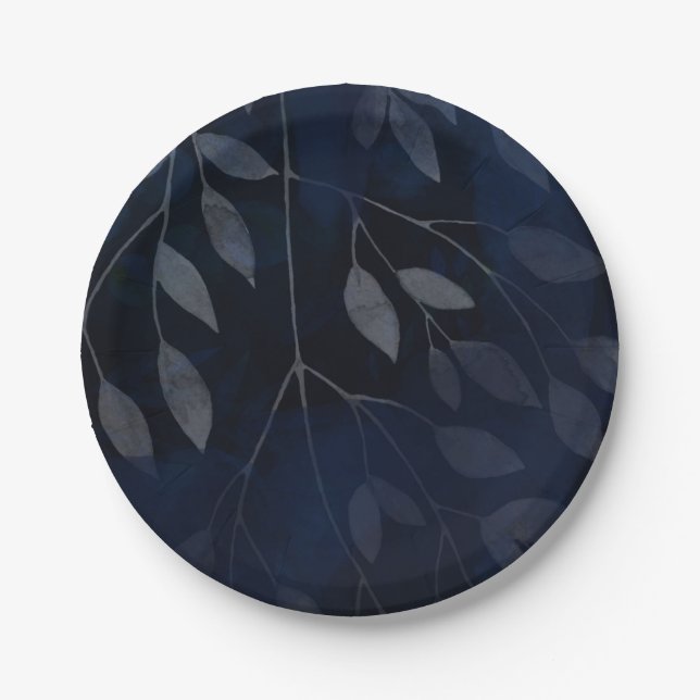 Plato De Papel Hojas Botánicas Azul Oscuro Boda Chic Moderna (Anverso)