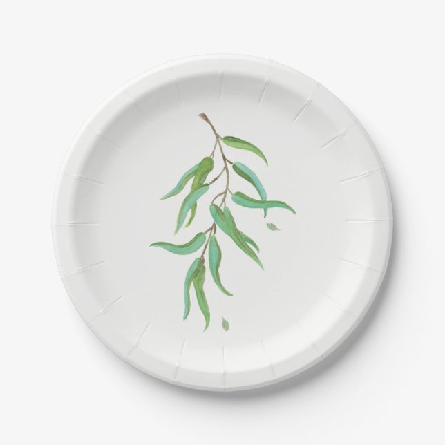 Plato De Papel Hojas Botánicas de Eucalipto Verde Boda Rústica (Anverso)
