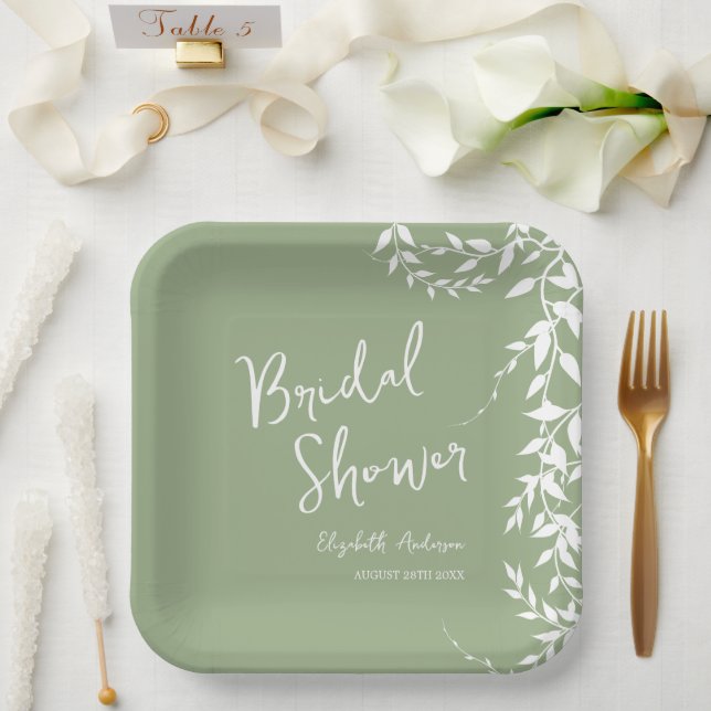 Plato De Papel Hojas Botánicas Verde Salvia Despedida de Soltera (Boda)