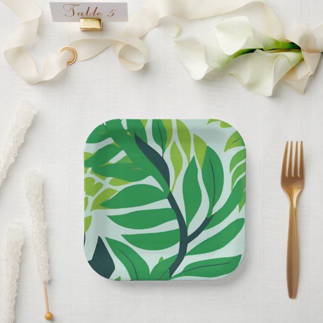 Plato De Papel Hojas Botánicas Verdes (Boda)