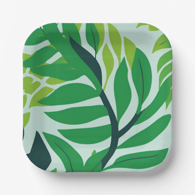 Plato De Papel Hojas Botánicas Verdes (Anverso)