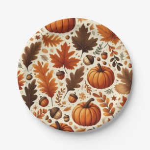 Plato De Papel hojas/calabazas/bellotas clásicas Otoño